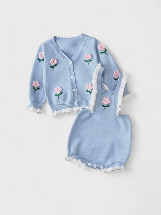 2 Pc Baby Girl Knit Romper with Flower Cardigan