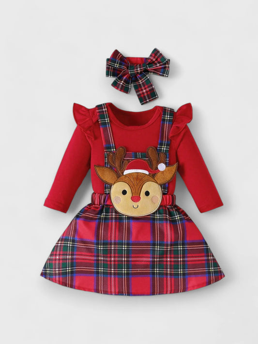 3 Pc Reindeer Patch Plaid Pinafore Dress