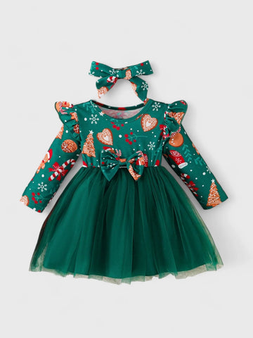 2 Pcs Baby Girl Ginger Cookies Print Mesh Dress