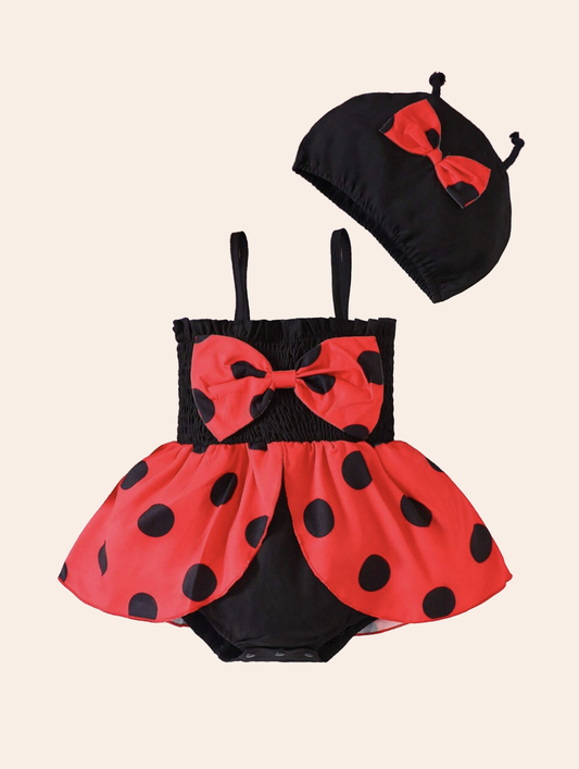 Baby Girl Red Black Lady Bug bodysuit Dress with Hat