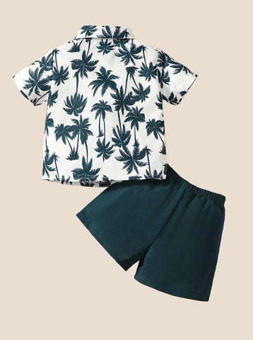 Baby Boy 2 Piece Tropical Palm Leaf Collar Shirt Top and Shorts Set