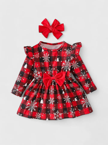 2 Pc Baby Girl Holiday Print Dress w/Headband