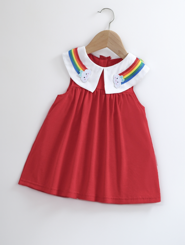 Baby Girl Rainbow and Cloud Collared Red Yellow Dress