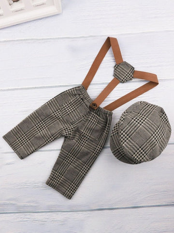 Baby Boy Glen Check Plaid suspenders Pant with Hat for baby Photography | Baby Onesies outfit Set | Gift for baby Boy