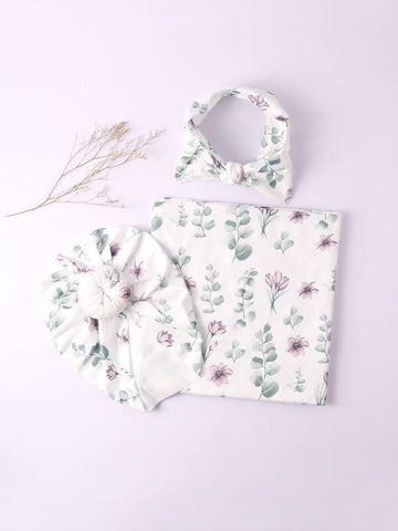 3 Pc Pink Flower Ecualytus Print Swaddle set bow Head and wrap Turban