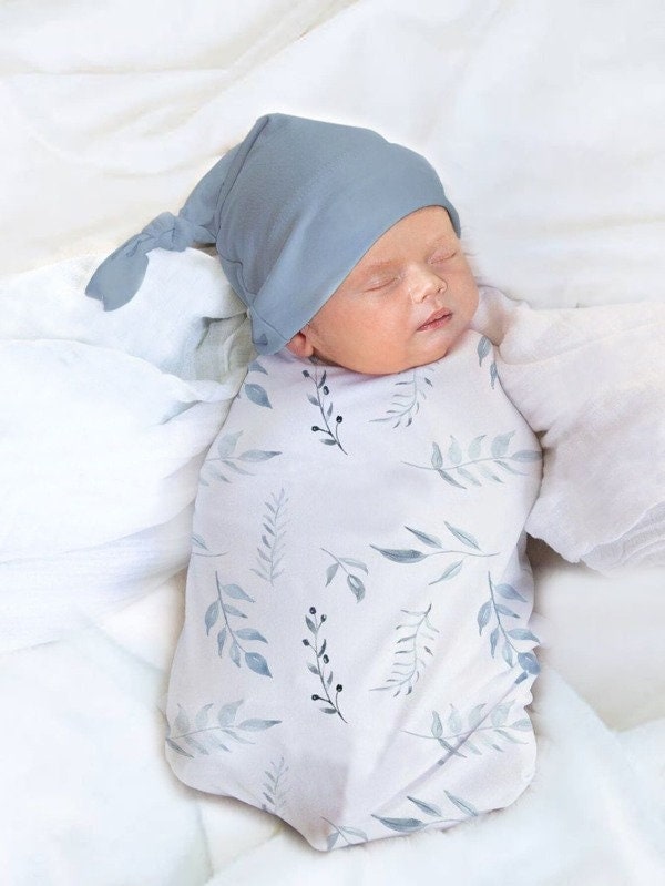 Baby Girl Boy Blue Leaf Water paint Print Swaddle with matching hat | Baby Shower Gift | Baby Blanket Hospital outfit