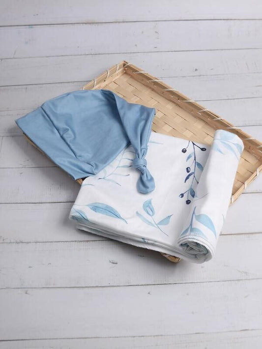 Baby Girl Boy Blue Leaf Water paint Print Swaddle with matching hat | Baby Shower Gift | Baby Blanket Hospital outfit