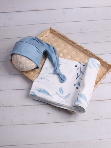 Baby Girl Boy Blue Leaf Water paint Print Swaddle with matching hat | Baby Shower Gift | Baby Blanket Hospital outfit