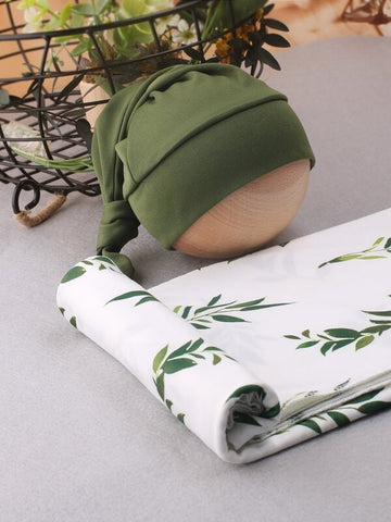 Baby Boy Girl Green leave leaf swaddle with Green Knot tie Hat