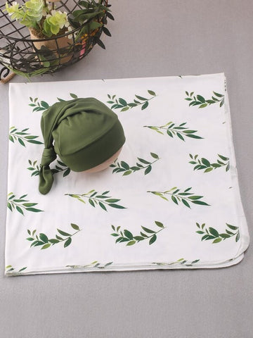 Baby Boy Girl Green leave leaf swaddle with Green Knot tie Hat