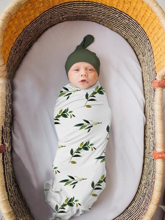 Baby Boy Girl Green leave leaf swaddle with Green Knot tie Hat