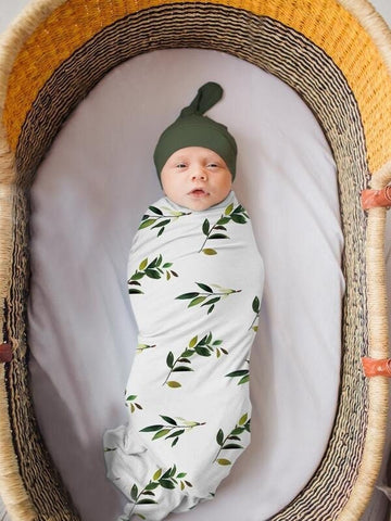 Baby Boy Girl Green leave leaf swaddle with Green Knot tie Hat