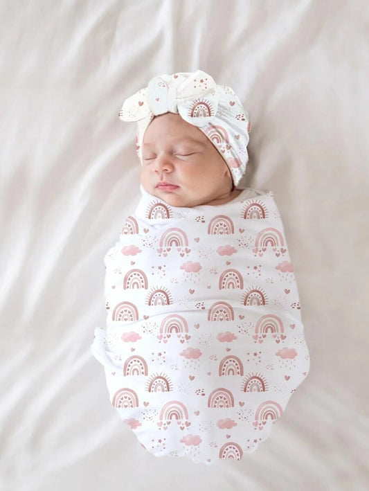 Baby Girl Pink Rainbow Cloud Print Swaddle matching bow Head wrap Turban  Baby Shower Gift Baby Blanket Hospital outfit Newborn Photography