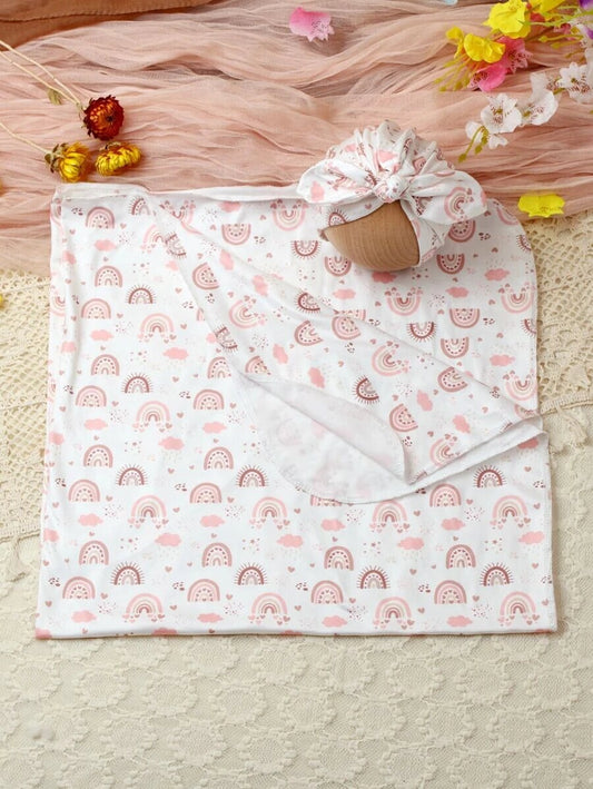 Baby Girl Pink Rainbow Cloud Print Swaddle matching bow Head wrap Turban  Baby Shower Gift Baby Blanket Hospital outfit Newborn Photography