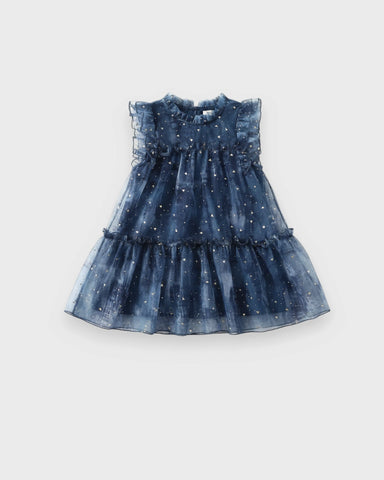 Navy girls' tulle dress with gold speckles, ruffled shoulders and a tiered skirt