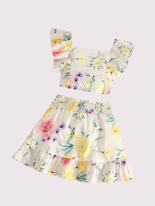 Toddler Little Girl Crop Top and Skirt Floral Sets
