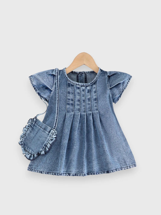 2 Pc Baby Girl Denim Pleat Dress w/ Bag