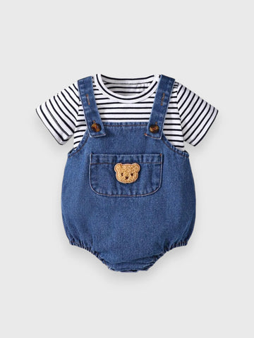 2 Pc Baby Boy Stripe Tee & Denim Overalls