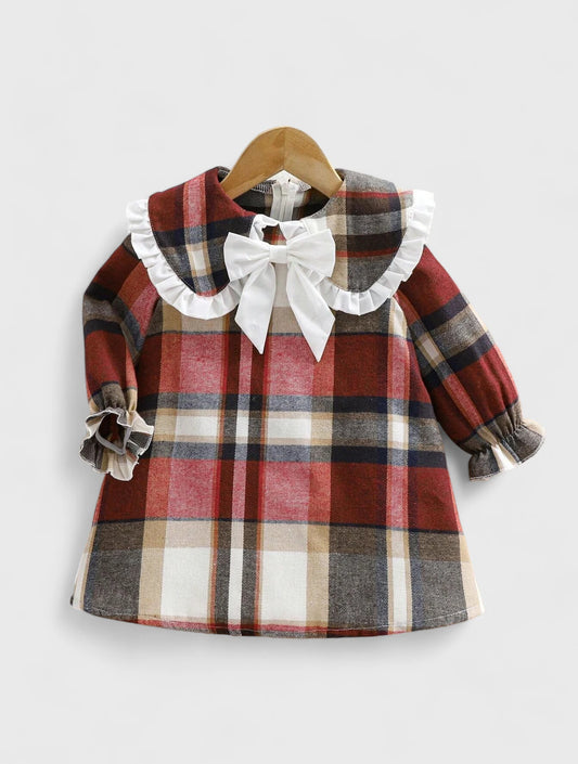 Baby Girl Ruffle & Bow Collar Plaid Dress