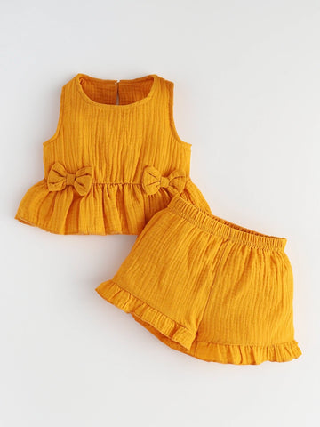 2 Pcs Baby Girl Bow Front Ruffle Hem Tank Top & Shorts