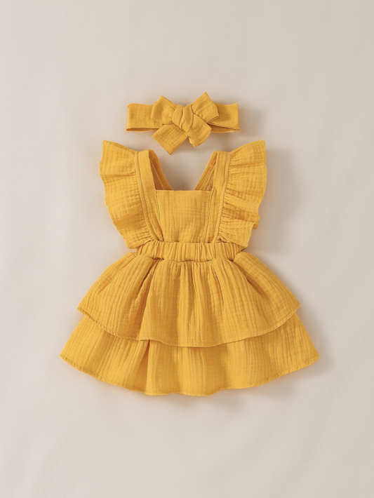 Baby Girl Cotton Ruffle Trim Layer Hem Dress With Bow Headband