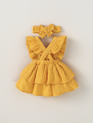 Baby Girl Cotton Ruffle Trim Layer Hem Dress With Bow Headband