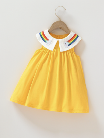 Baby Girl Rainbow and Cloud Collared Red Yellow Dress