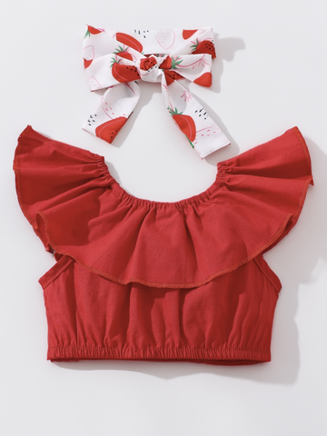 3 Pcs baby Girl Summer Fresh Red Strawberry Fruit Ruffle Suspenders Overalls Onesie Bodysuit