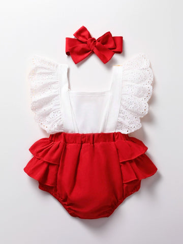 2 Pcs Infant Baby Girl Red Strawberry Lace Ruffle Bodysuit