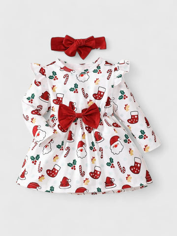 2 Pc Baby Girl Holiday Print Dress w/Headband