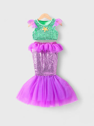 2 Pcs Toddler Girls Sequin Mermaid Top & Skirt