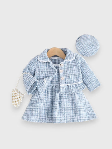 3 Pcs Baby Girl Tweed Coat, Dress and Beret Set