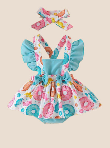 2 pcs Baby Donut Print Ruffle Trim Bodysuit & Headband