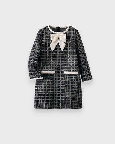 Girls Contrast Piping & Bow Tweed Dress