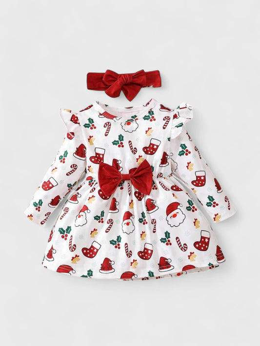 2 Pc Baby Girl Holiday Print Dress w/Headband