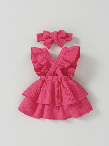 Baby Girl Cotton Ruffle Trim Layer Hem Dress With Bow Headband