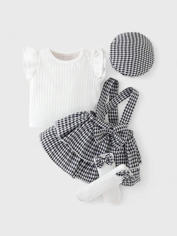 4 Pcs Baby Girl Houndstooth Ruffle Skirt Set