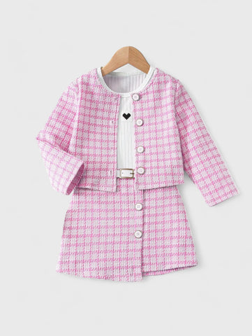 3 Pcs Toddler Girls Tweed Jacket Skirt Set