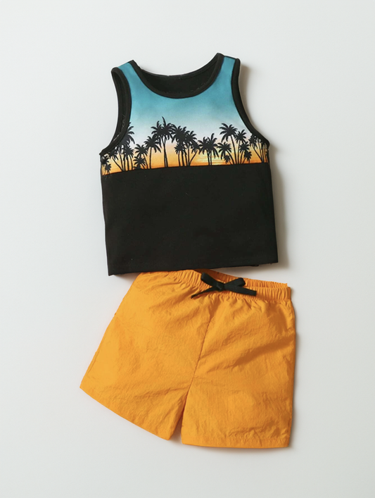 Baby Boy 2 Piece Palm Tree Sunset Print Tank Top and Shorts Set