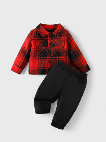 2 Pc Baby Boy Button up Plaid Shirt with Pant Set