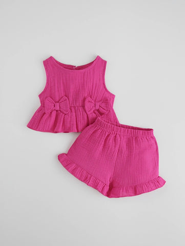 2 Pcs Baby Girl Bow Front Ruffle Hem Tank Top & Shorts