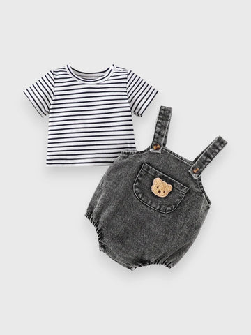 2 Pc Baby Boy Stripe Tee & Denim Overalls