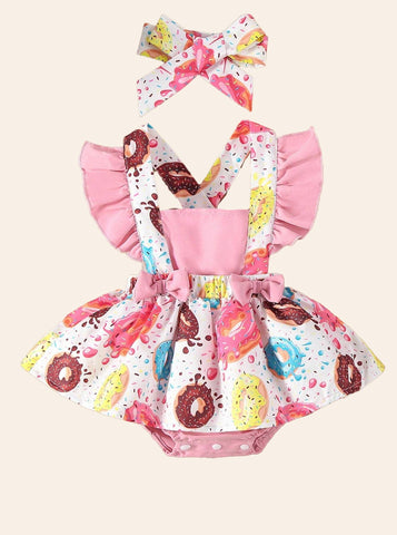 2 pcs Baby Donut Print Ruffle Trim Bodysuit & Headband