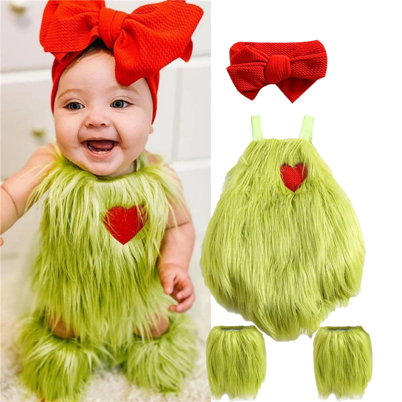 Baby Girl Furry Bodysuit with Headband and Leg Warmers Christmas Costume