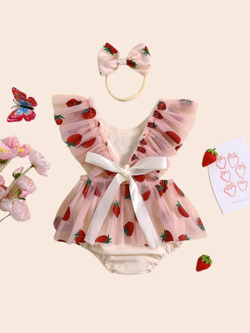 2 Pcs Baby Tulle Strawberry Bodysuit