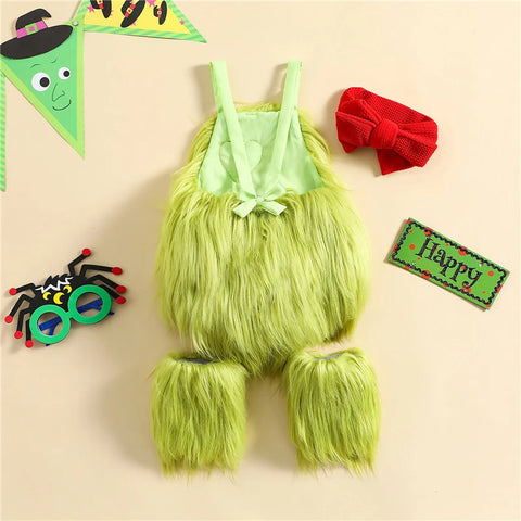 Baby Girl Furry Bodysuit with Headband and Leg Warmers Christmas Costume