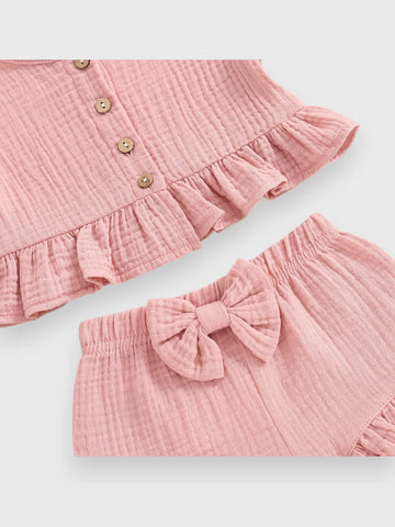 2 Pc Summer Ruffle Cotton Shirt Short Set