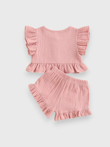 2 Pc Summer Ruffle Cotton Shirt Short Set