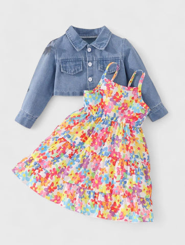 2 Pcs Baby Girl Cami Dress with Light Denim Jacket