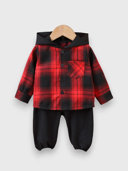 2 Pc Baby Boy Hooded Plaid Shirt with Pant Set